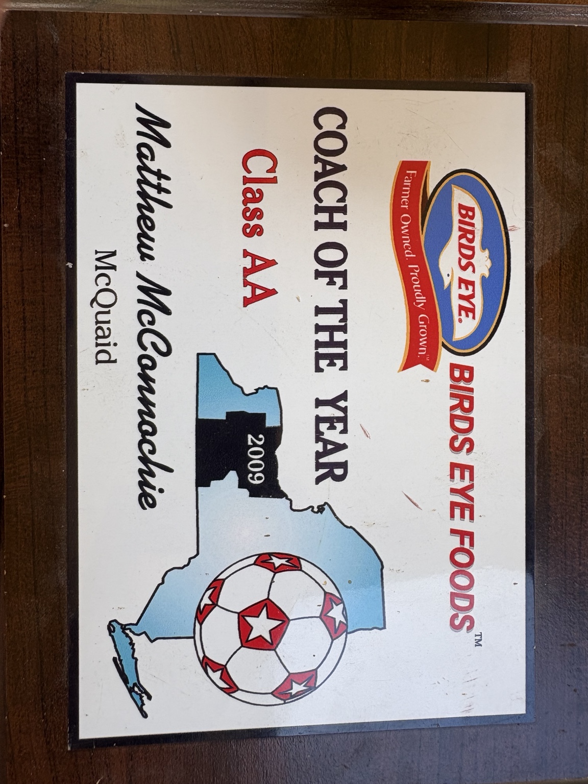 Placa Birds Eye Foods Coach of the Year 2009, Class AA, Matthew McConnochie, McQuaid